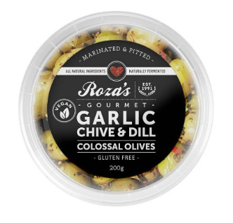 Roza's Gourmet Garlic Chive & Dill Colossal Olives 200g
