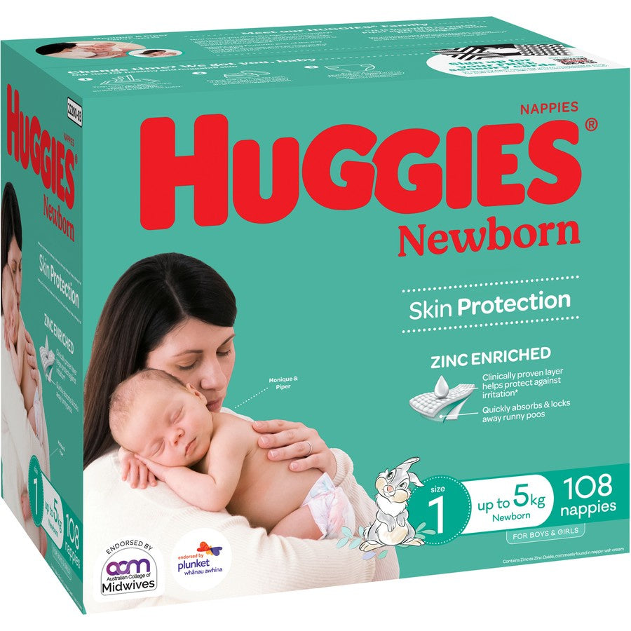 Huggies Nappies Newborn Size 1 (Up to 5Kg) 108pk